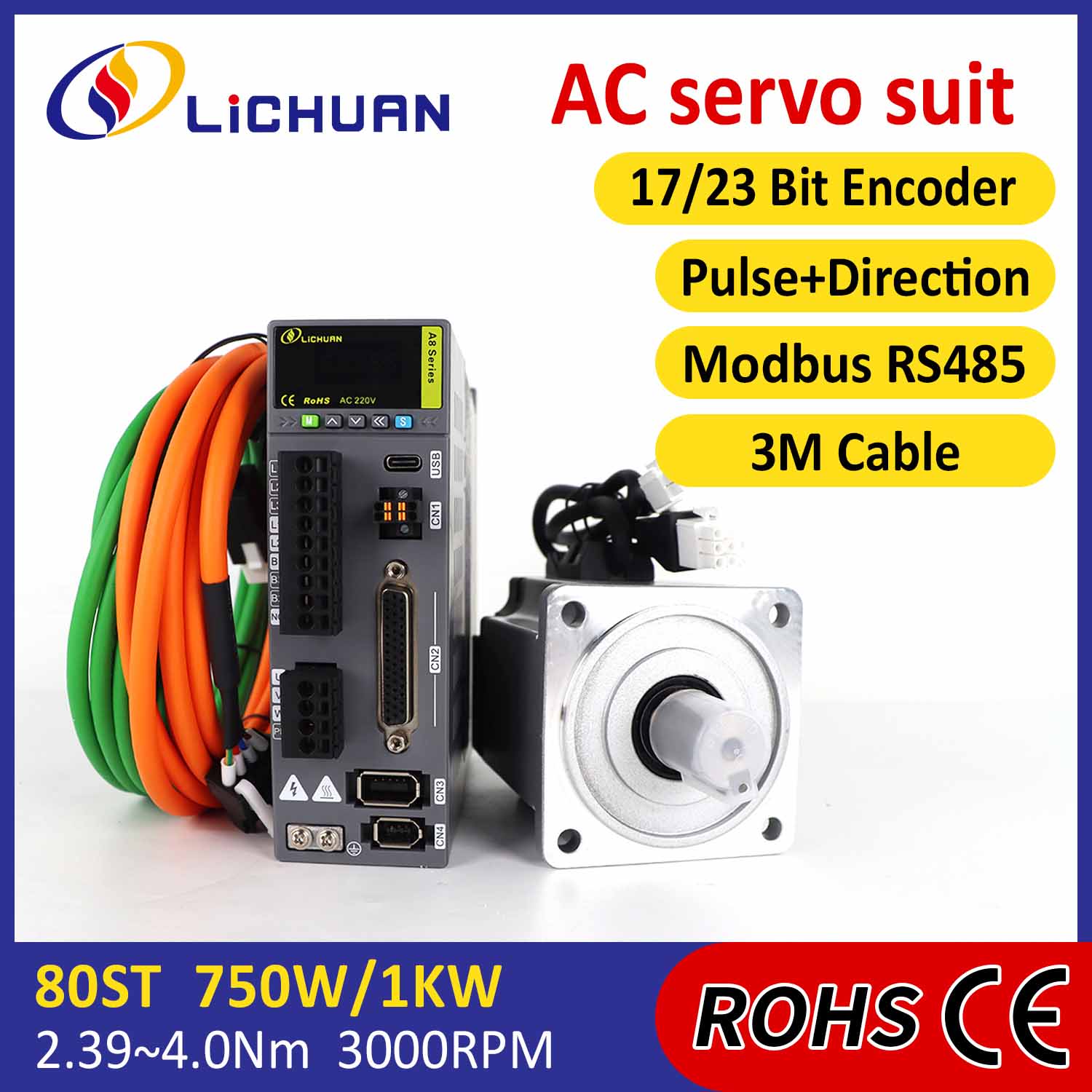 পালস/RS485 750W/1000W/1001W 2500/3000RPM A8 উচ্চ নির্ভুলতা STO ABZ AC সার্ভো মোটর ড্রাইভার কিট